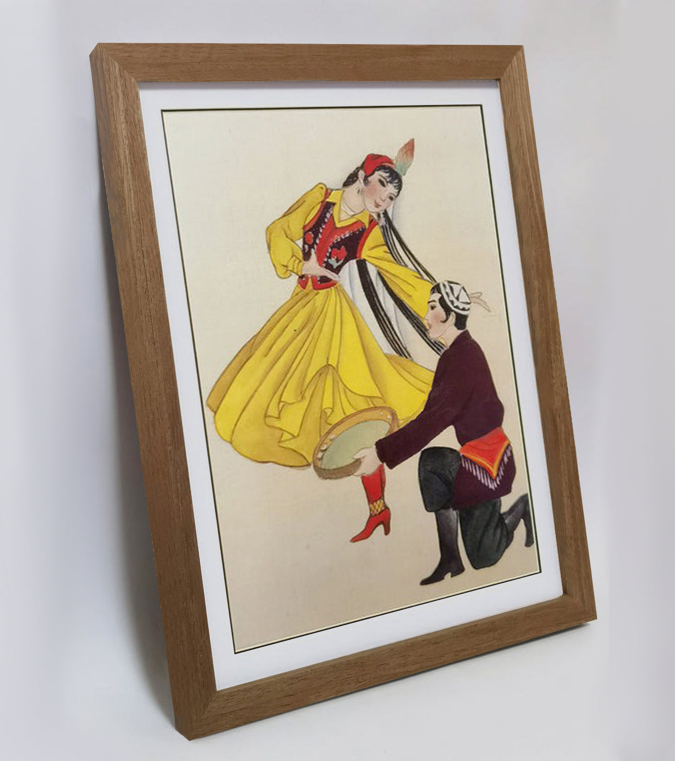 Hand-painted Uyghur Dancers Artwork – Fine Brush Technique, Premium MATT Paper, Natural Wood Frame, Multiple Sizes & Colors
