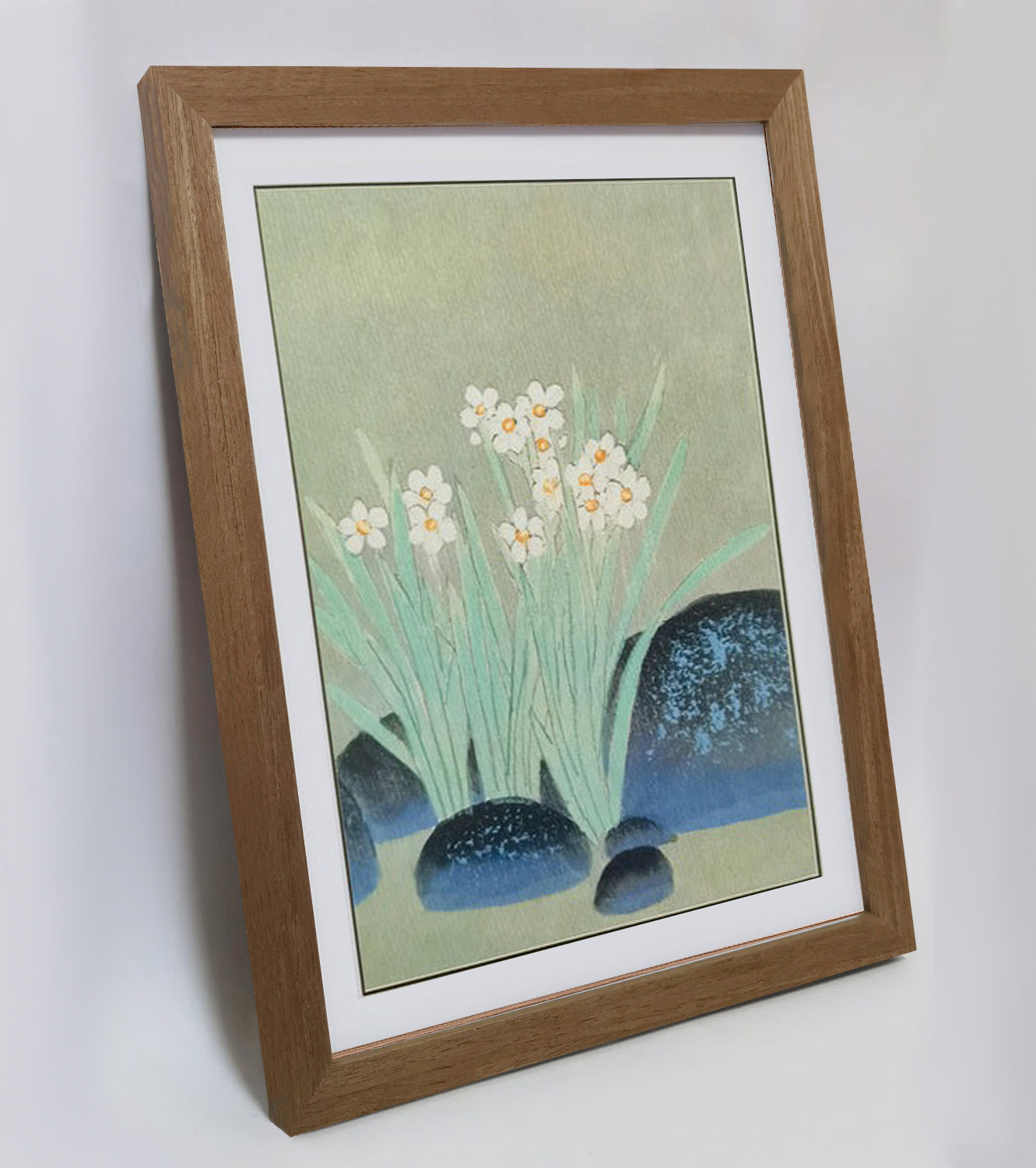 Hand-painted Narcissus Flowers Blooming in Pond Artwork – Watercolor Technique, Premium MATT Paper, Natural Wood Frame, Multiple Sizes & Colors
