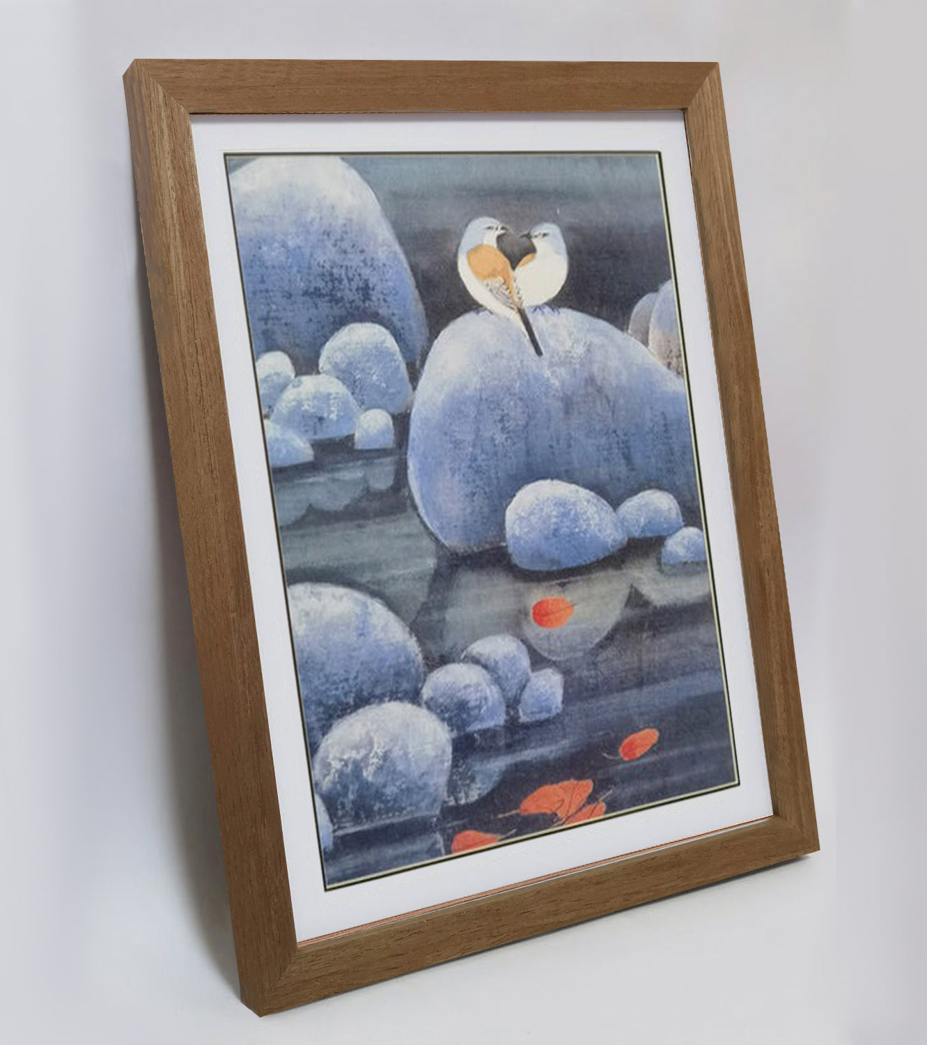 Hand-painted Shrikes on Pond Rocks with Red Maple Leaves – Watercolor Artwork, Premium MATT Paper, Natural Wood Frame, Custom Sizes & Colors