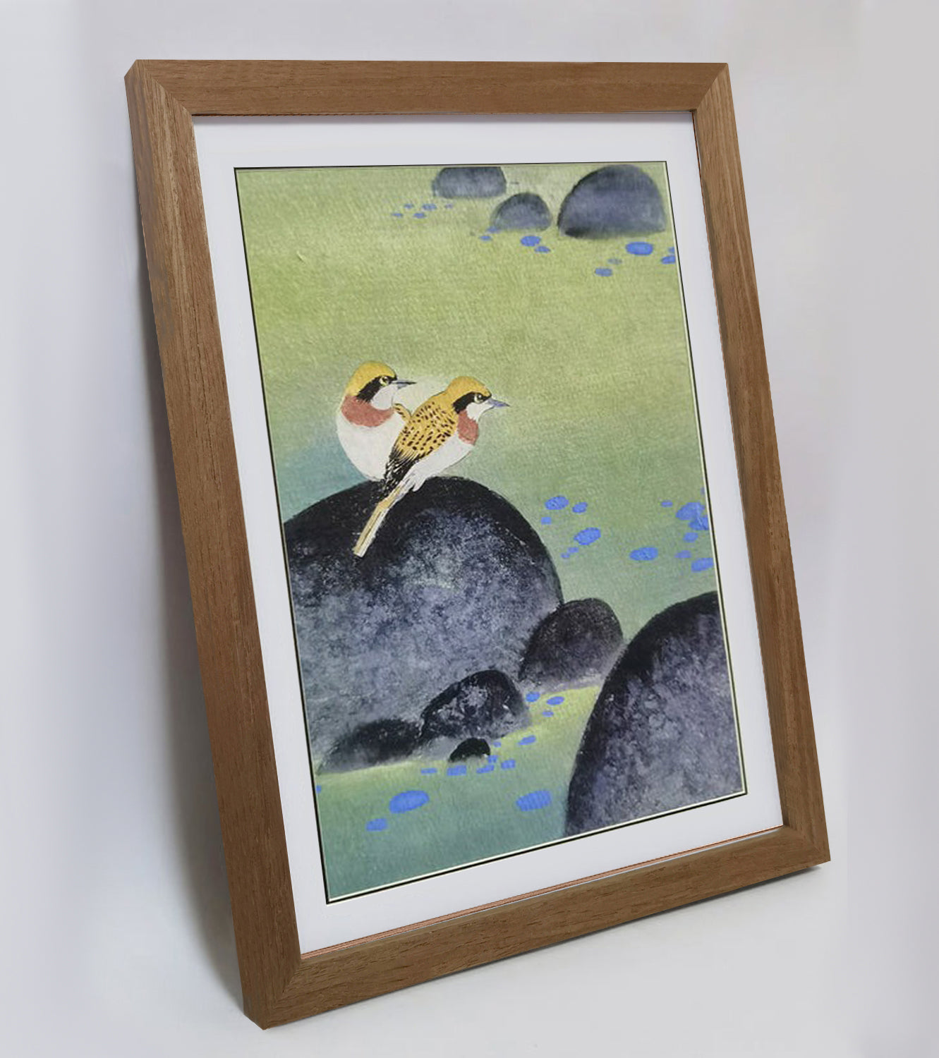 Hand-painted Yellow Warblers on Pond Rocks Artwork – Watercolor Technique, Premium MATT Paper, Natural Wood Frame, Multiple Sizes & Colors
