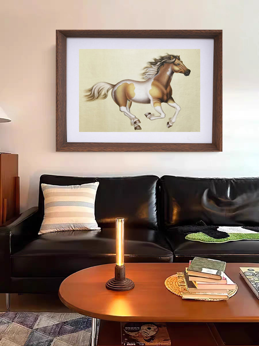 Ochre White Horse Perception Handmade Art Printing Galloping Steed Animal Robust with Wood Frame