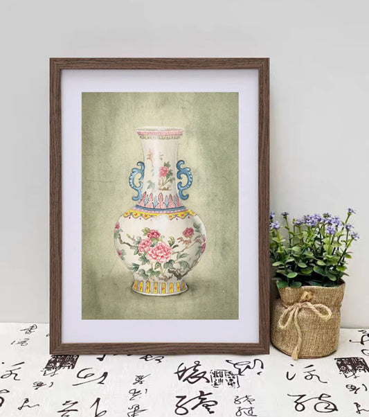 China porcelain famille rose vase Perception Handmade Art Printing Chinesestyle Stilllife Pinkcolor with Wood Frame
