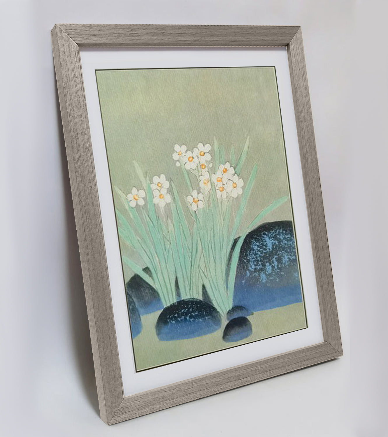Hand-painted Narcissus Flowers Blooming in Pond Artwork – Watercolor Technique, Premium MATT Paper, Natural Wood Frame, Multiple Sizes & Colors