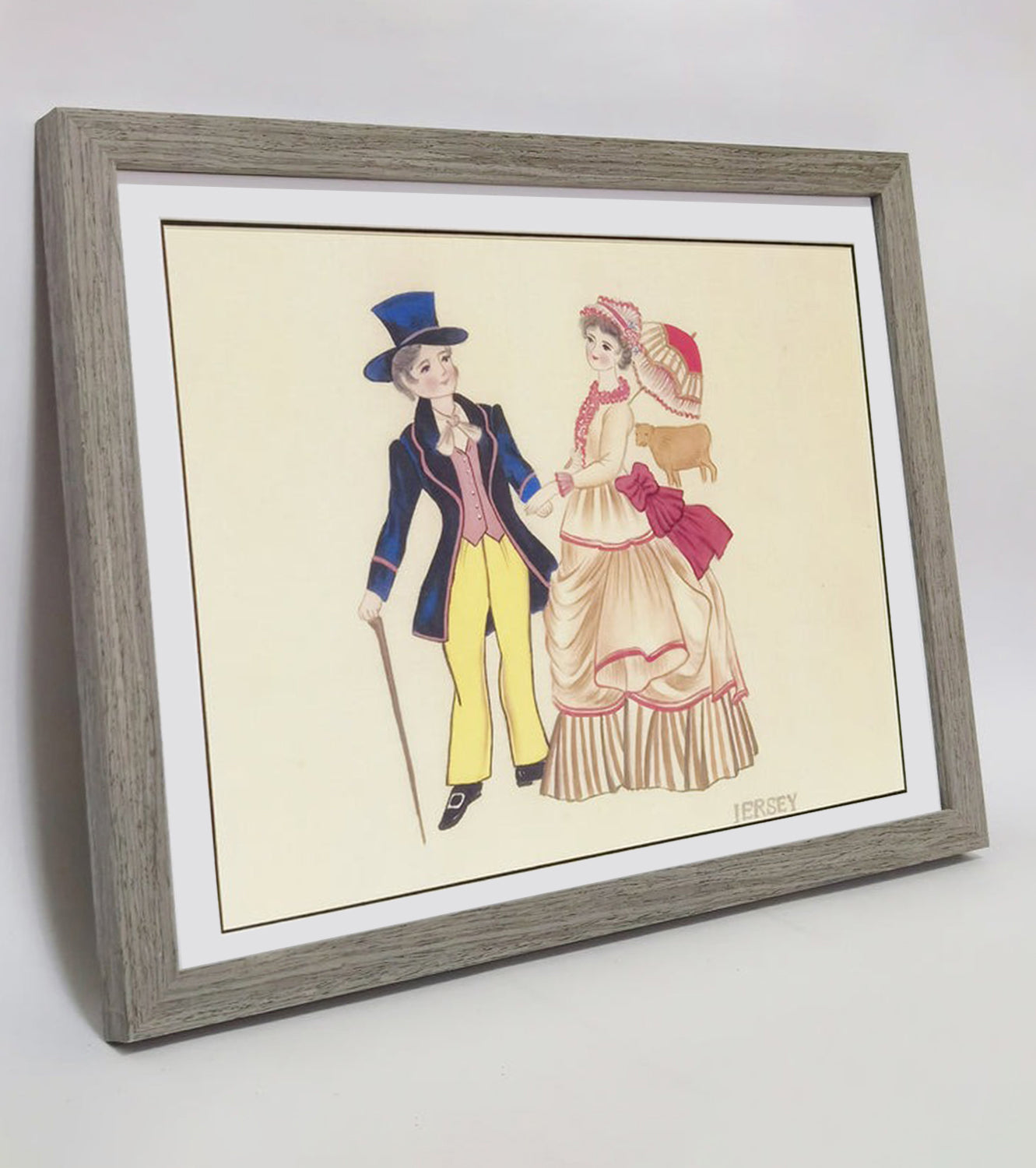 Hand-painted Jersey Traditional Folk Art Print – Ethnic Costume, Natural Wood Frame, Premium MATT Paper, Multiple Sizes & Colors