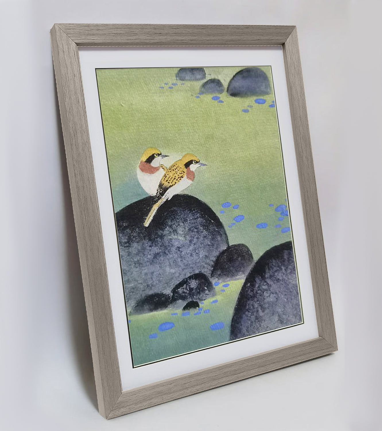 Hand-painted Yellow Warblers on Pond Rocks Artwork – Watercolor Technique, Premium MATT Paper, Natural Wood Frame, Multiple Sizes & Colors