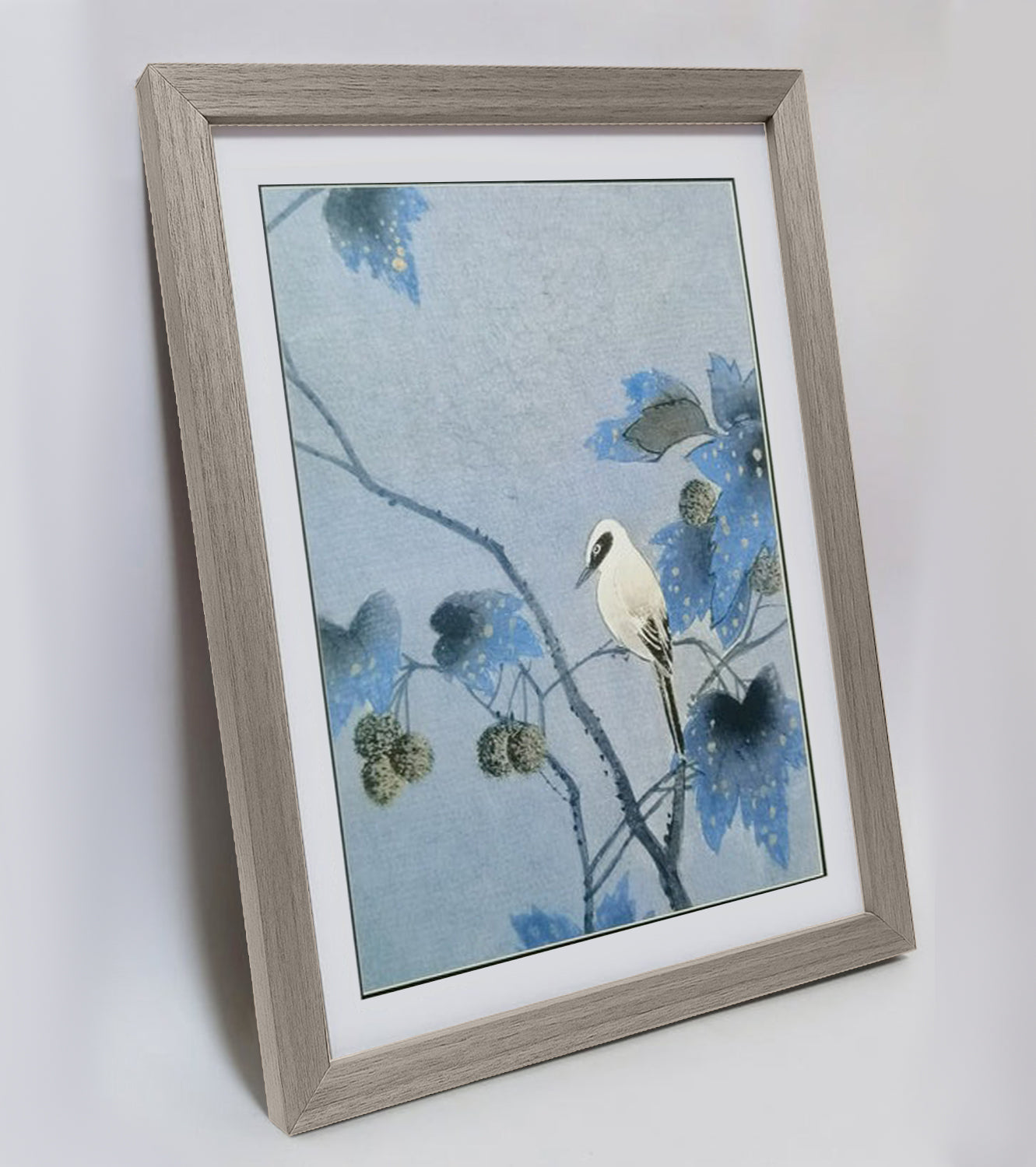 Hand-painted Nightingale on Paulownia Tree Branch Artwork – Watercolor Technique, Premium MATT Paper, Natural Wood Frame, Multiple Sizes & Colors