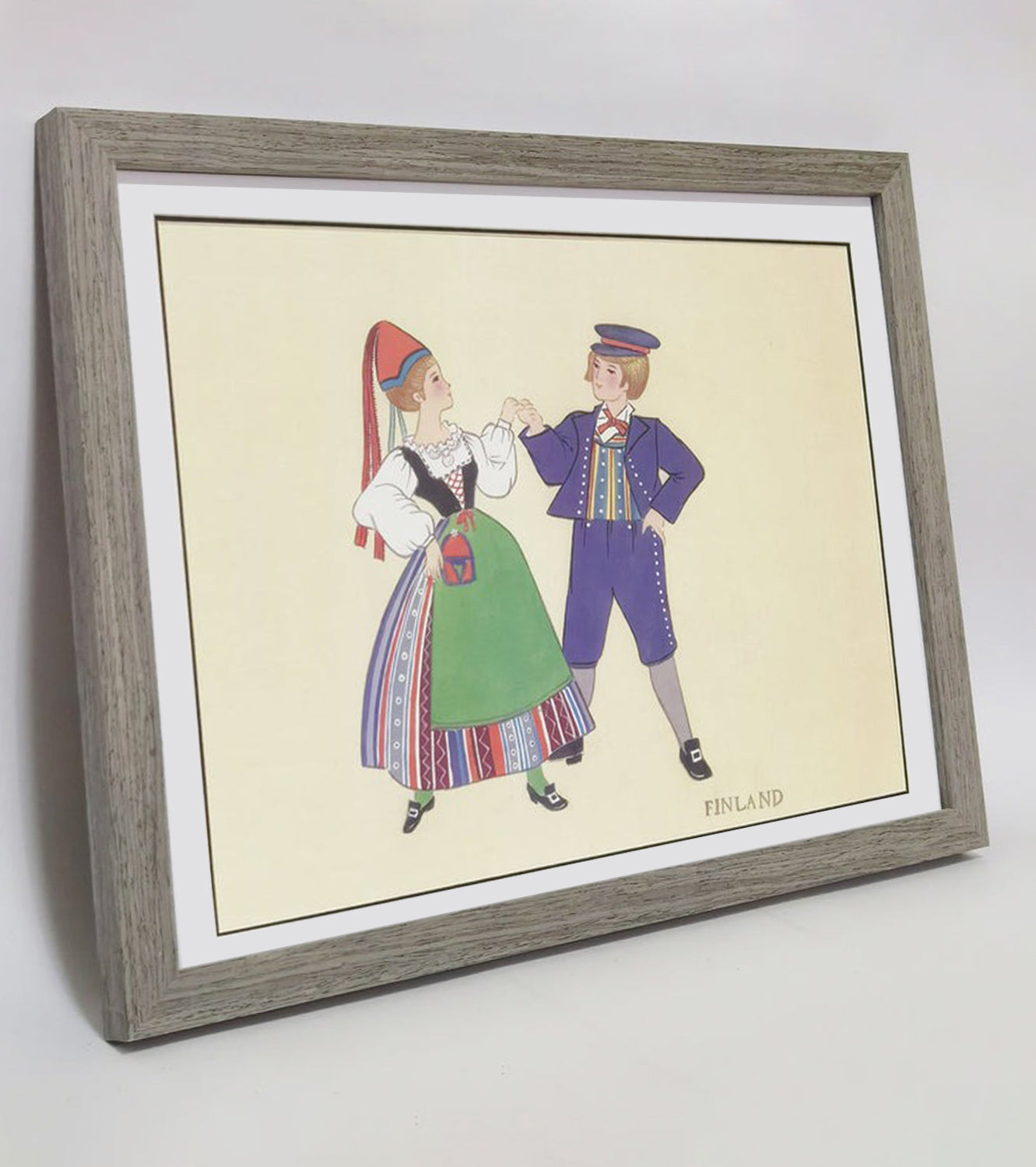Hand-painted Finnish Folk Art Print – Traditional Costumes, Natural Wood Frame, Premium MATT Paper, Multiple Sizes & Colors