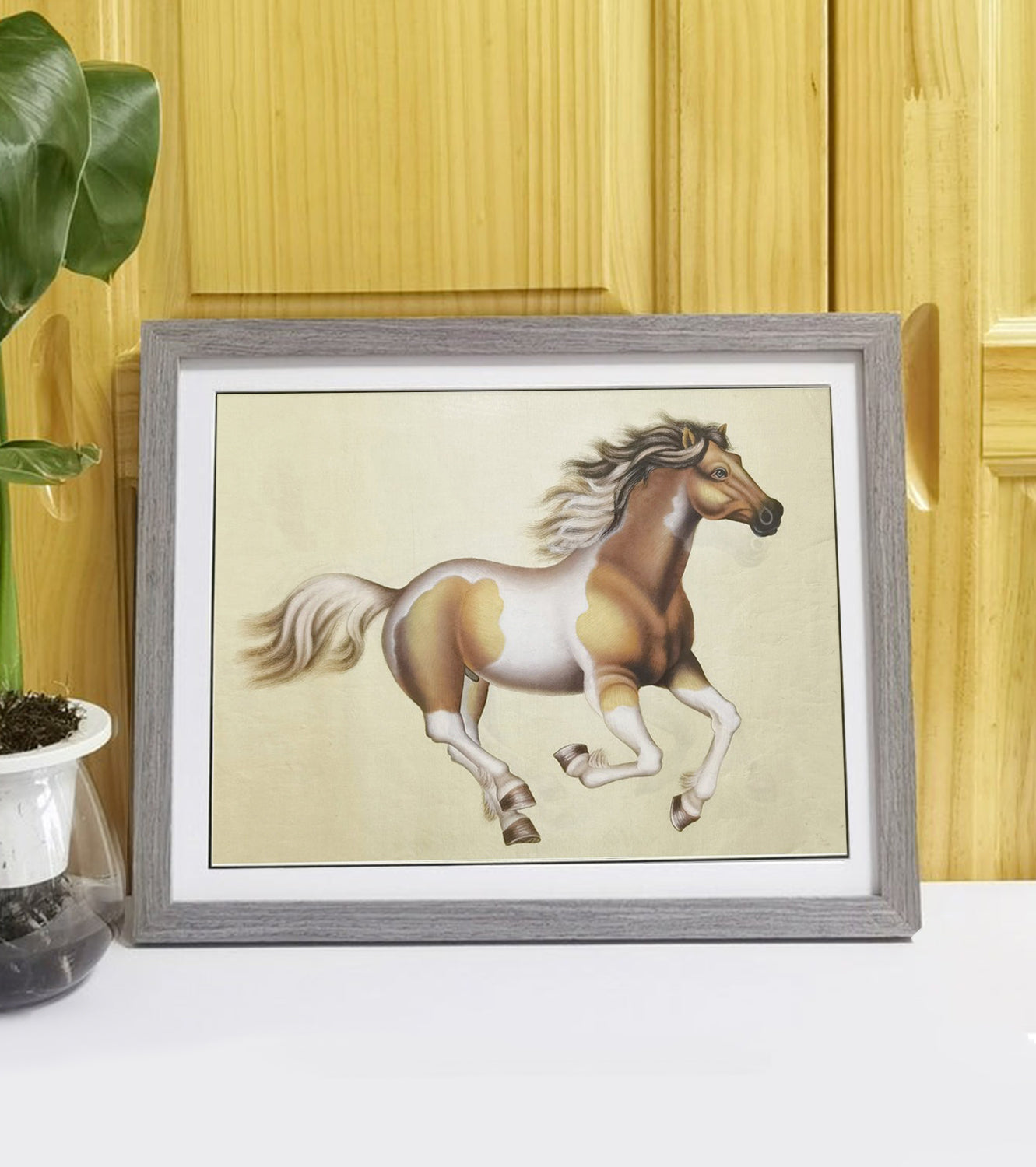 Hand-painted Ochre White Horse Artwork – Fine Brush Technique, Premium MATT Paper, Natural Wood Frame, Multiple Sizes & Colors