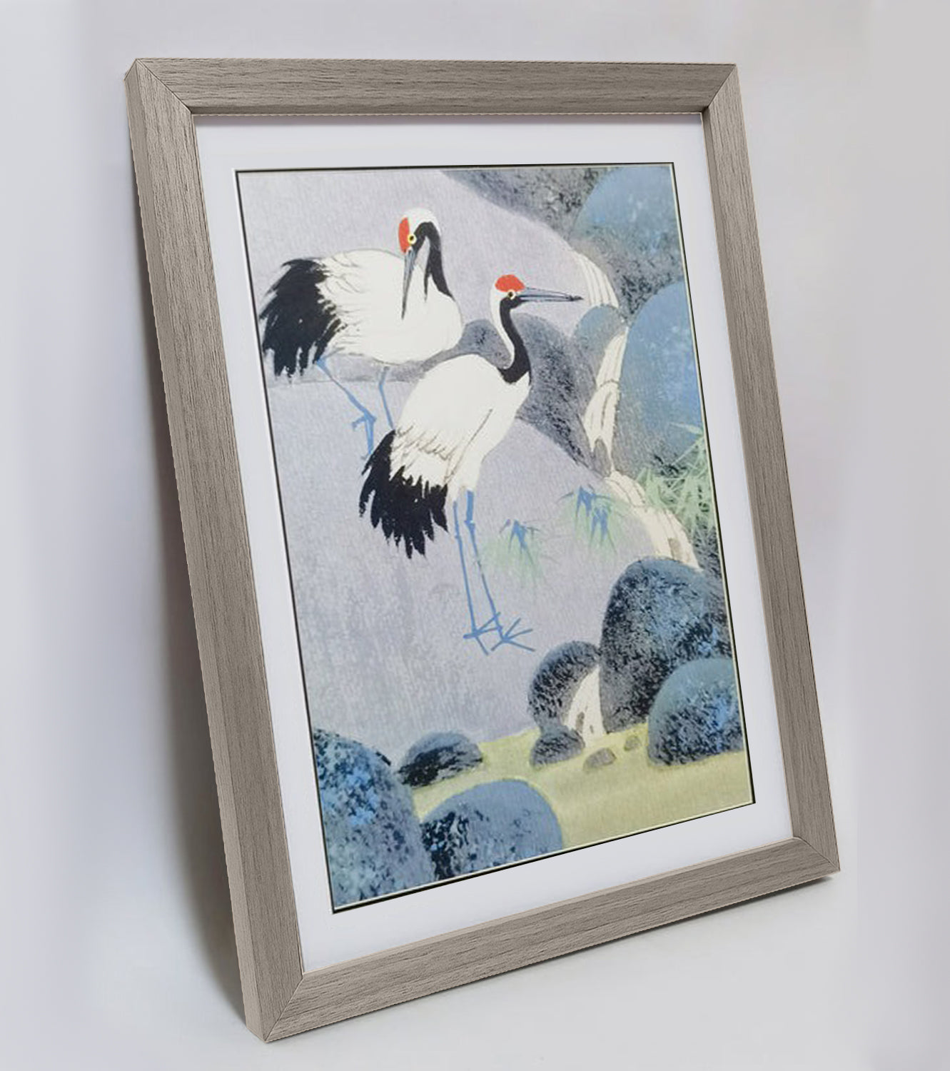 Hand-painted Cranes by Waterfall Artwork – Watercolor Technique, Premium MATT Paper, Natural Wood Frame, Multiple Sizes & Colors