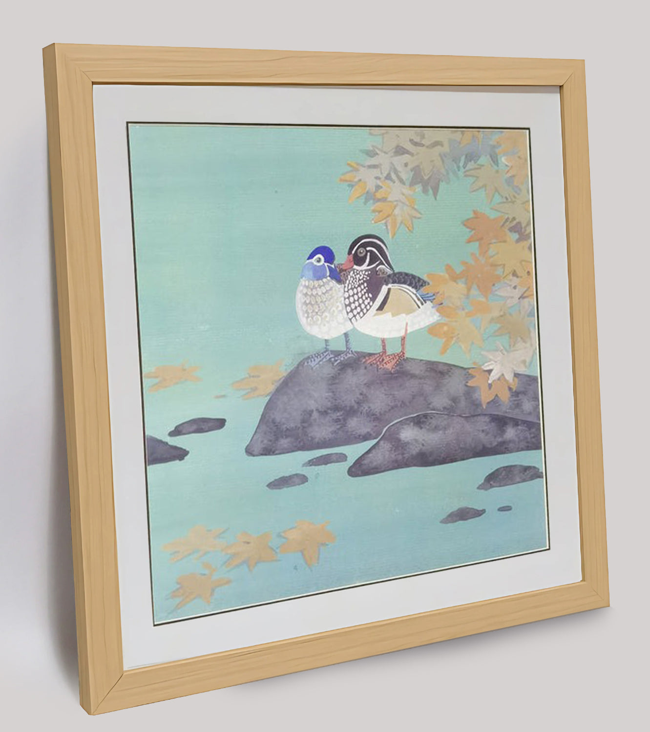 Hand-painted Mandarin Ducks Under Maple Tree – Watercolor Art Print, Premium MATT Paper, Natural Wood Frame, Custom Sizes & Colors