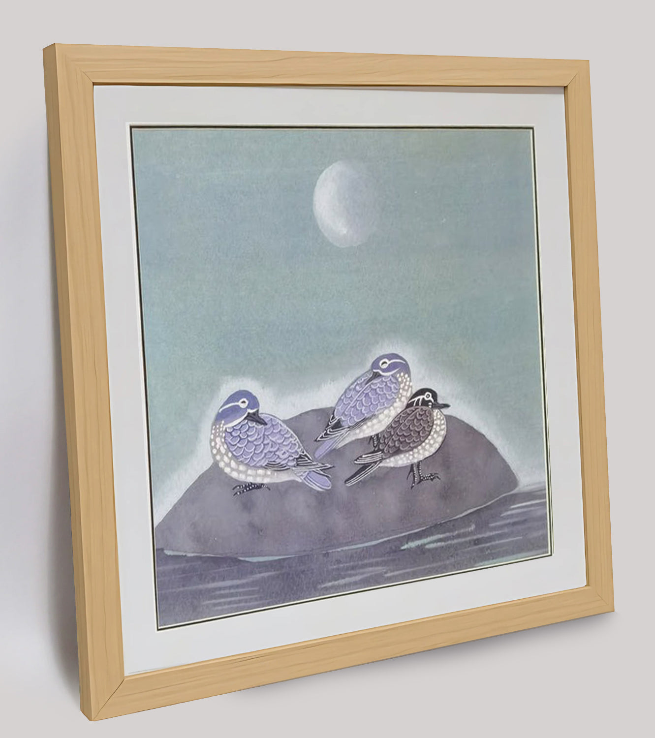 Hand-painted Waterbirds on Rock in Moonlit Night – Watercolor Art Print, Premium MATT Paper, Natural Wood Frame, Custom Sizes & Colors
