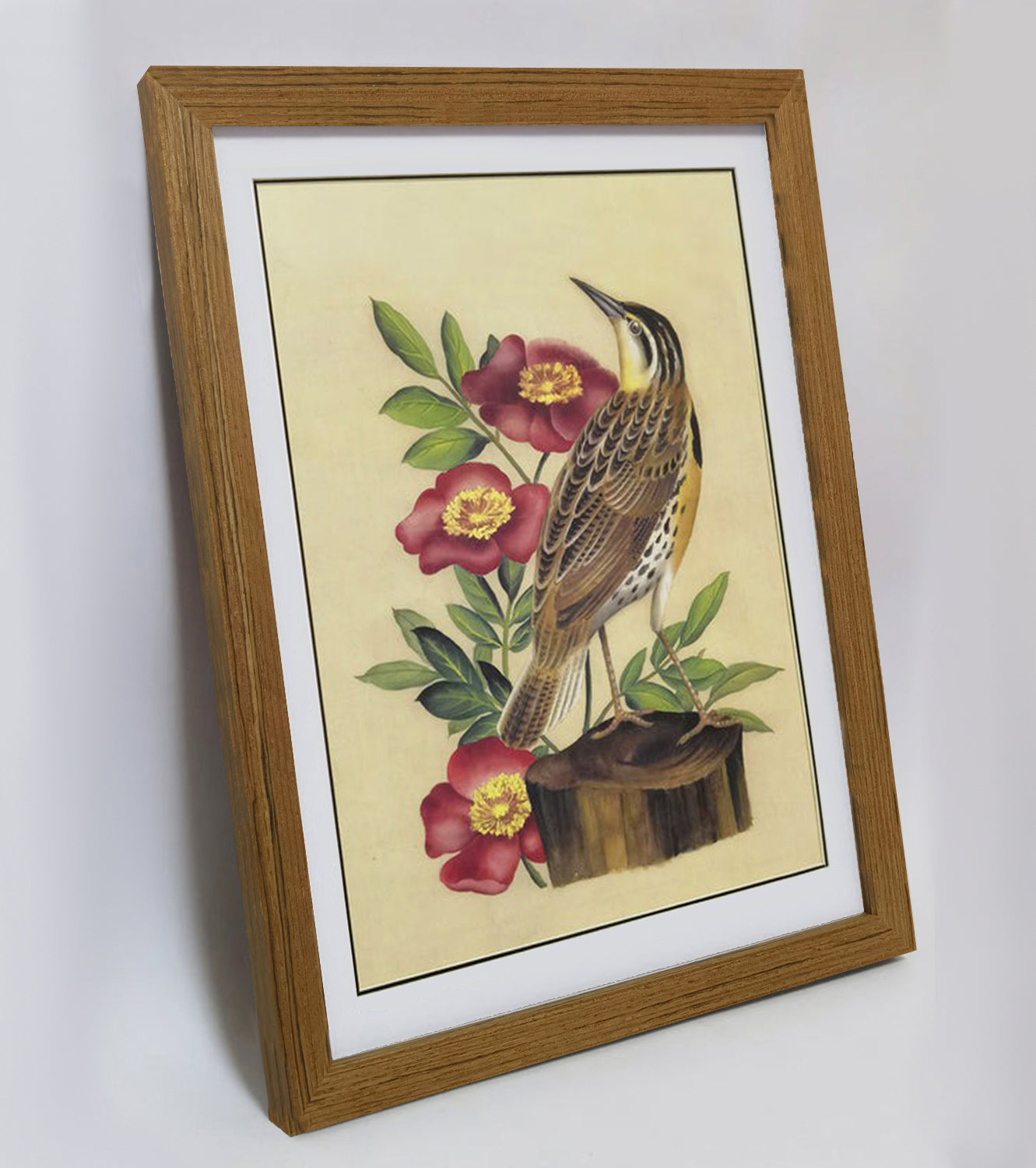 North Dakota Western Meadowlark Hand-painted Art Print - Premium MATT Paper, Natural Wood Frame, Multiple Sizes & Colors, Wall & Tabletop Décor