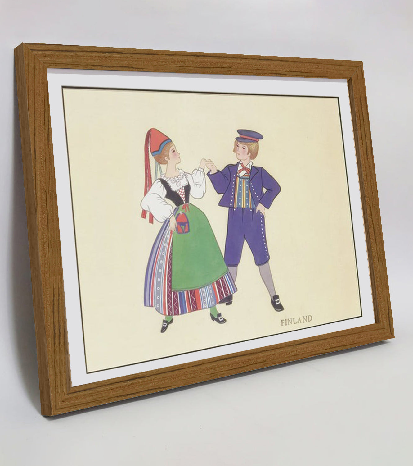 Hand-painted Finnish Folk Art Print – Traditional Costumes, Natural Wood Frame, Premium MATT Paper, Multiple Sizes & Colors