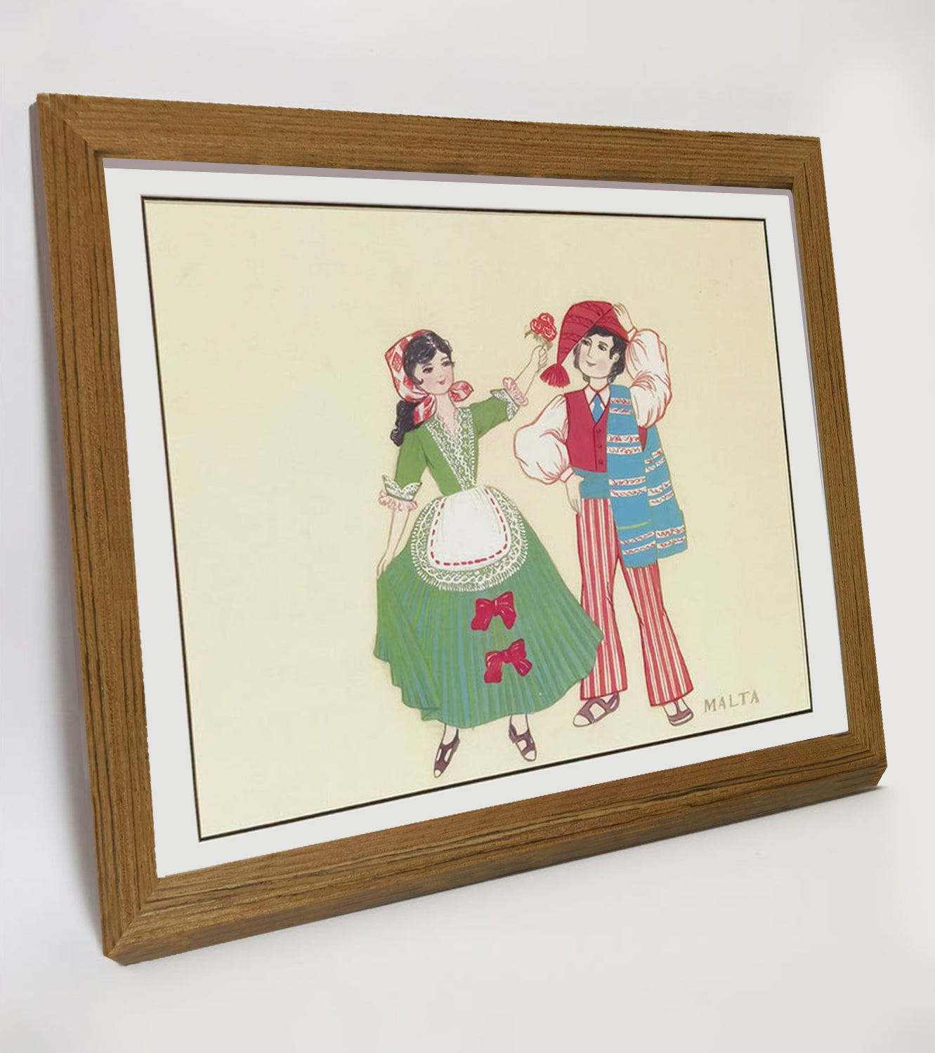 Hand-Painted Malta Traditional Folk Art Men & Women Costumes, Wood Framed, MATT Paper Print