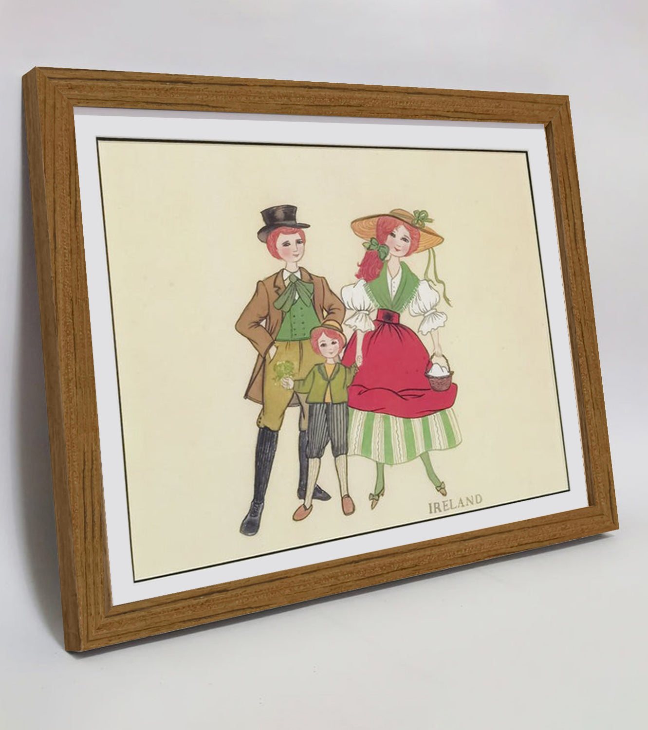 Hand-painted Ireland Traditional Family & Costume Art Print – Premium MATT Paper, Natural Wood Frame, Multiple Sizes & Colors