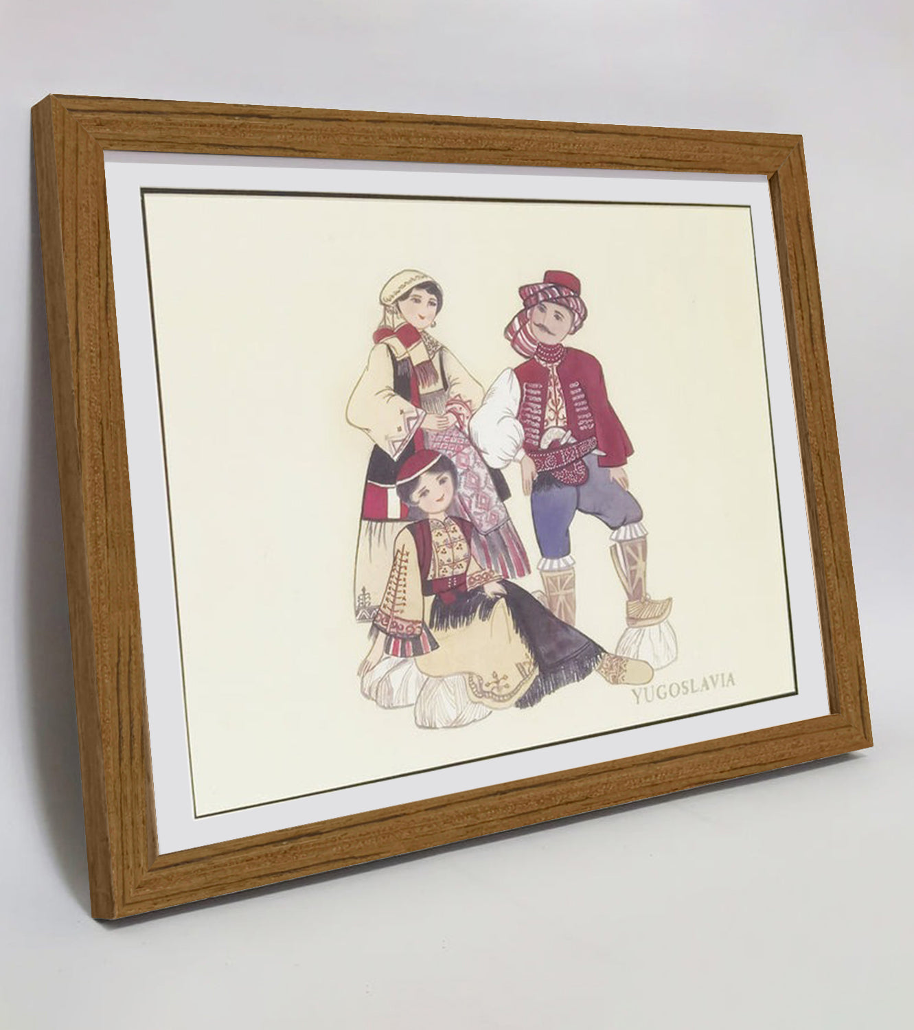 Yugoslavian Traditional Indigenous Family Life & Ethnic Costume Hand-painted Art Print - Premium MATT Paper, Natural Wood Frame, Multiple Sizes & Colors