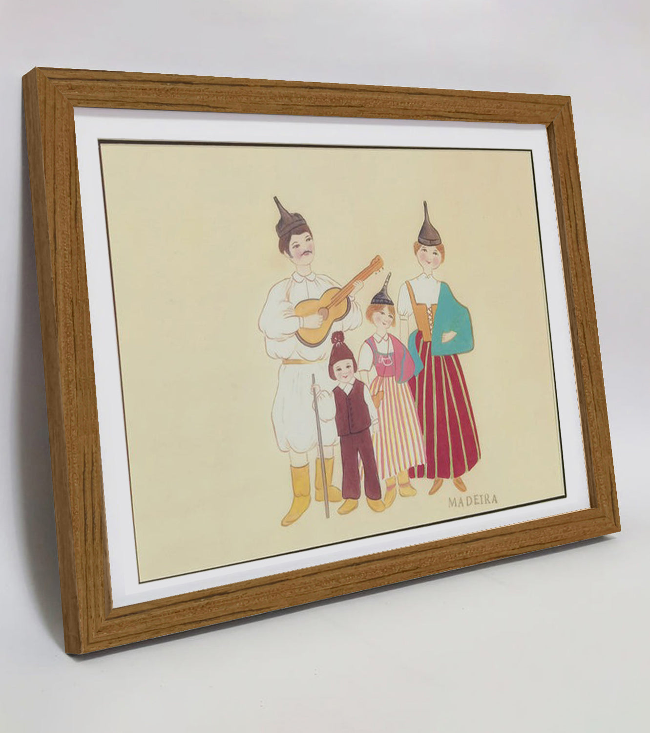 Madeira Indigenous Family Life & Traditional Costume Hand-painted Art Print - Premium MATT Paper, Natural Wood Frame, Multiple Sizes & Colors