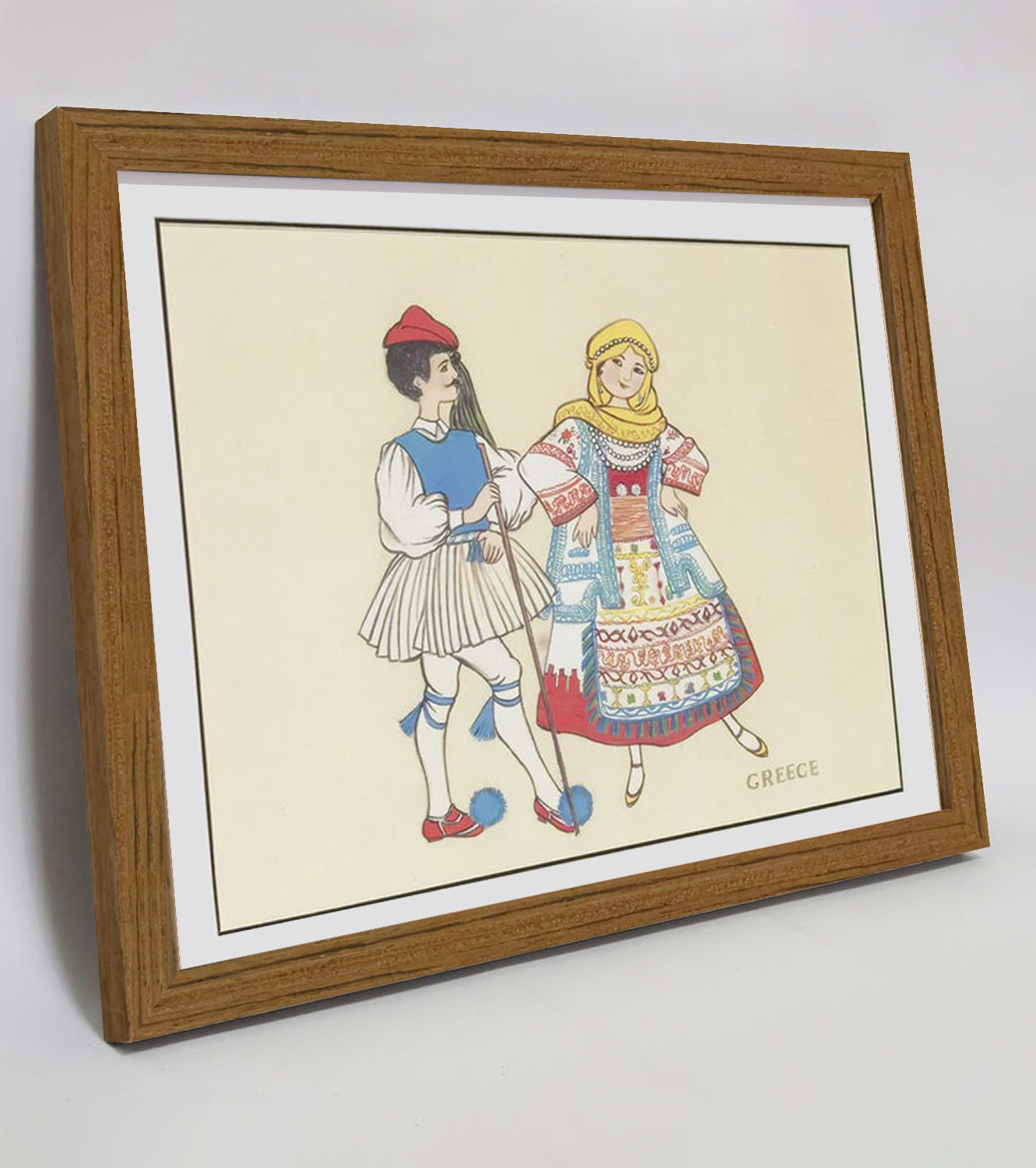 Hand-painted Greek Traditional Folk Art Print – Ethnic Costume, Natural Wood Frame, Premium MATT Paper, Multiple Sizes & Colors