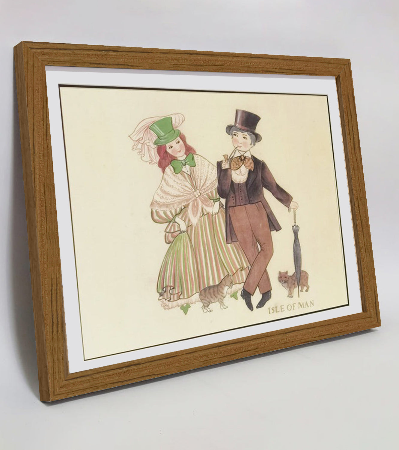 Hand-painted Isle of Man Folk Art Print – Traditional Costumes, Natural Wood Frame, Premium MATT Paper, Multiple Sizes & Colors