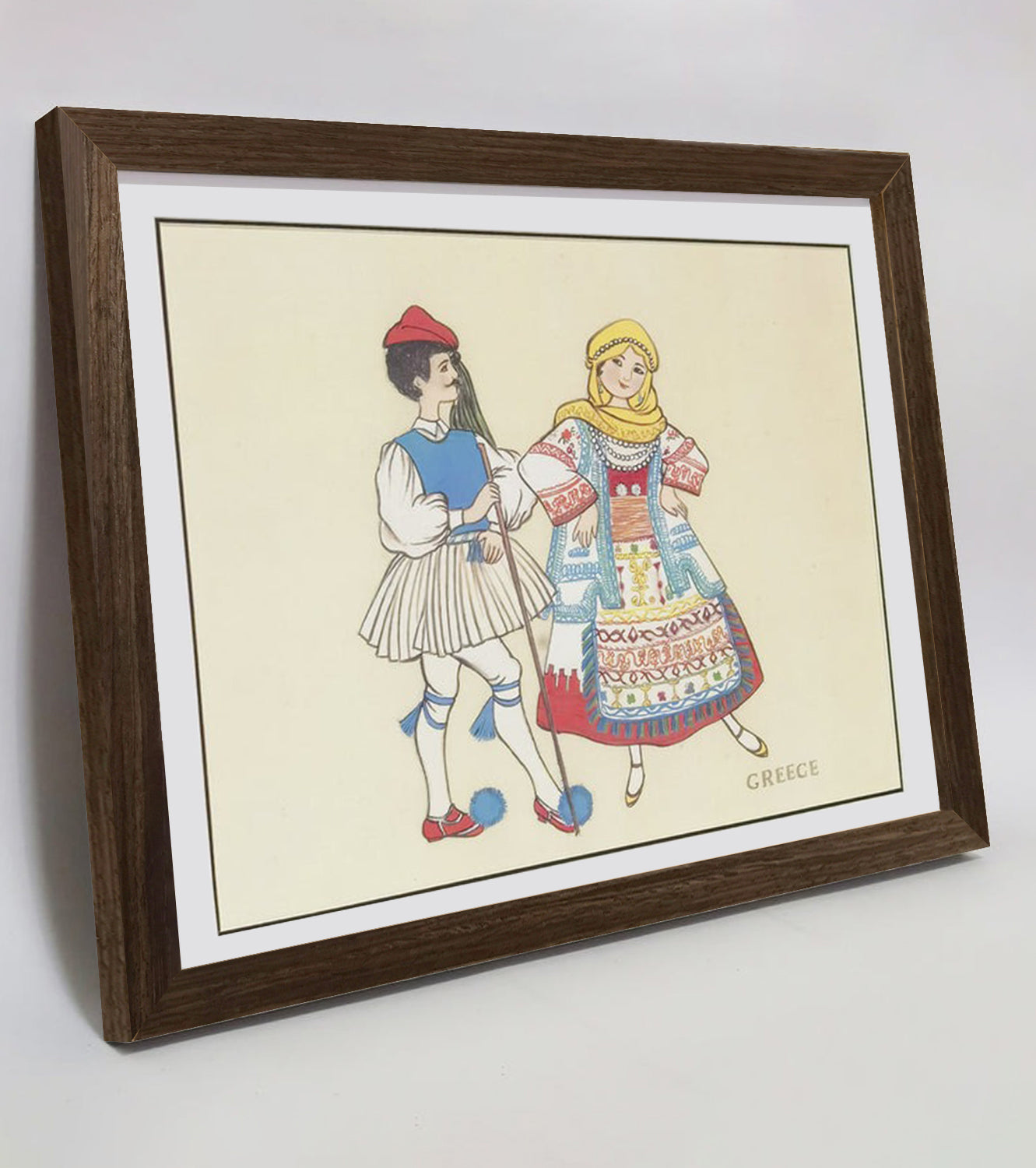 Hand-painted Greek Traditional Folk Art Print – Ethnic Costume, Natural Wood Frame, Premium MATT Paper, Multiple Sizes & Colors