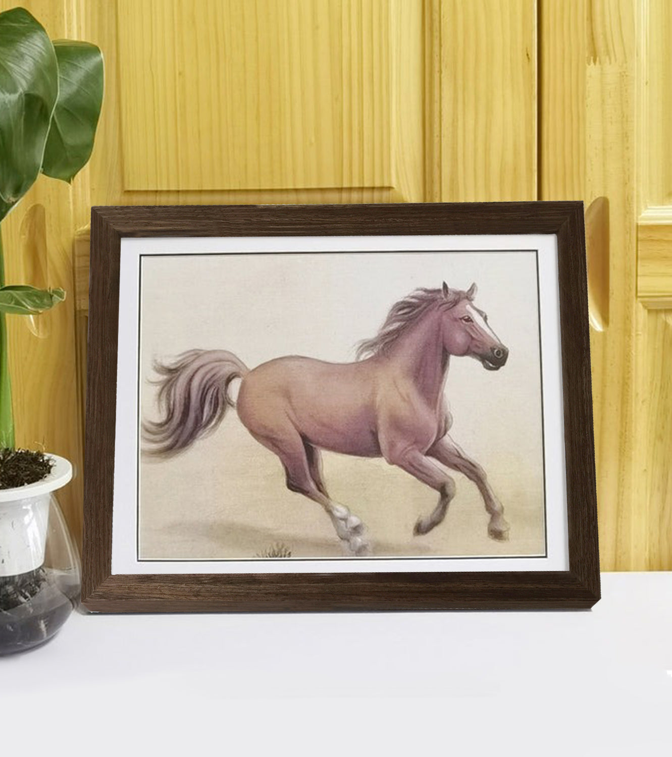 Hand-painted Brown Horse Artwork – Fine Brush Technique, Premium MATT Paper, Natural Wood Frame, Multiple Sizes & Colors