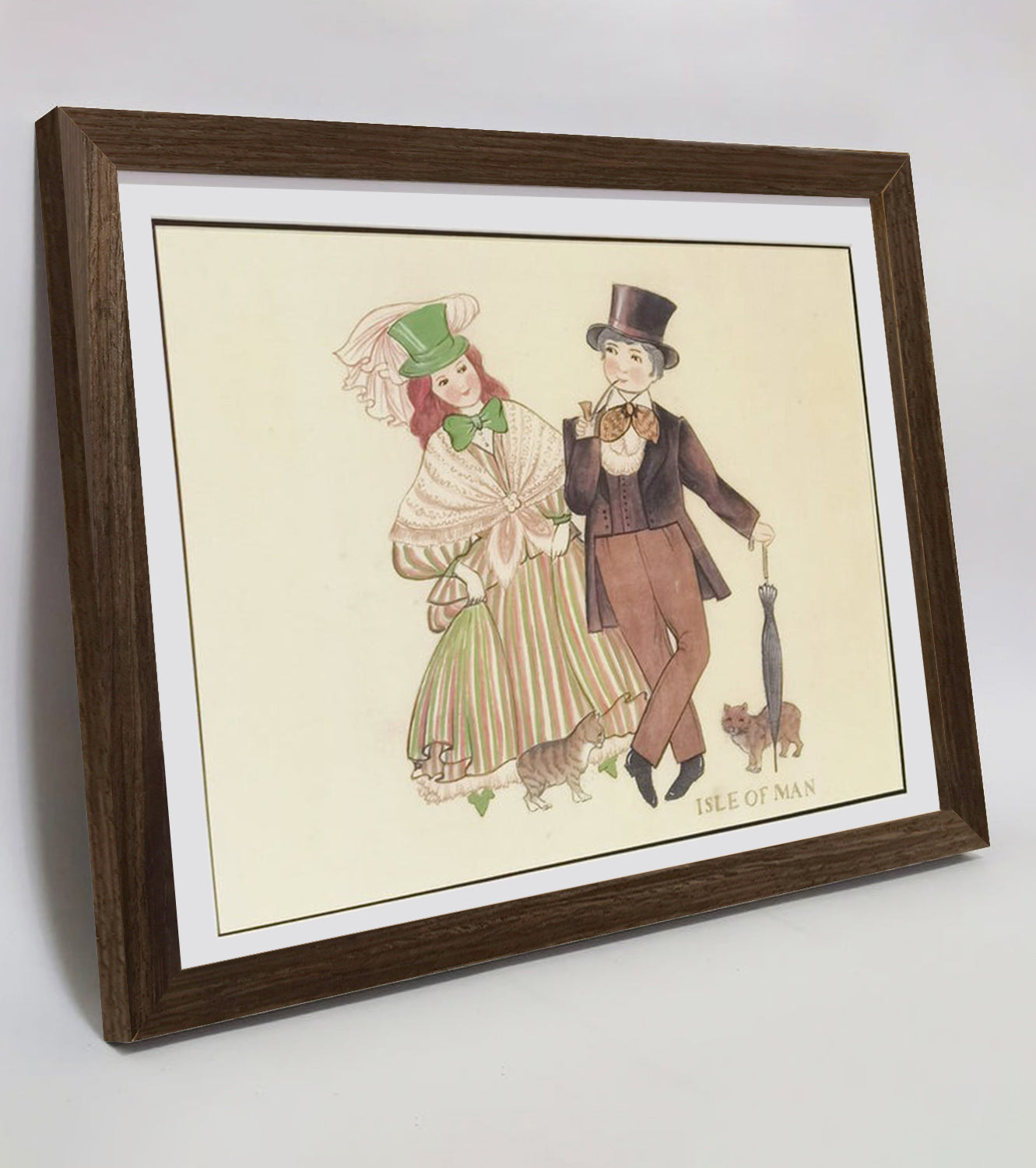Hand-painted Isle of Man Folk Art Print – Traditional Costumes, Natural Wood Frame, Premium MATT Paper, Multiple Sizes & Colors