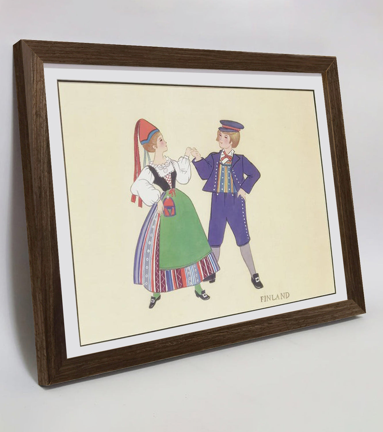 Hand-painted Finnish Folk Art Print – Traditional Costumes, Natural Wood Frame, Premium MATT Paper, Multiple Sizes & Colors