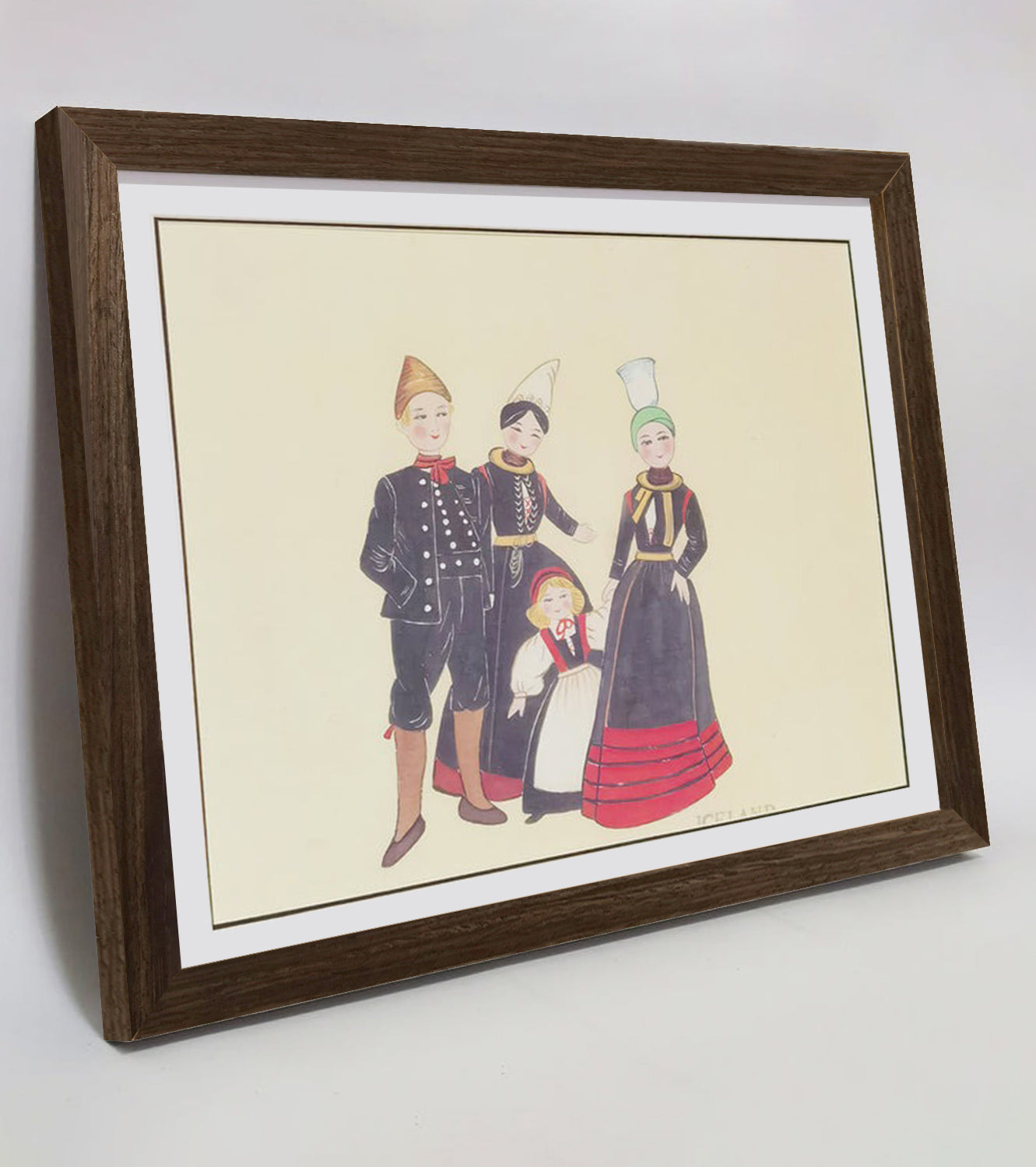 Hand-painted Icelandic Folk Art Print – Traditional Costumes, Natural Wood Frame, Premium MATT Paper, Multiple Sizes & Colors