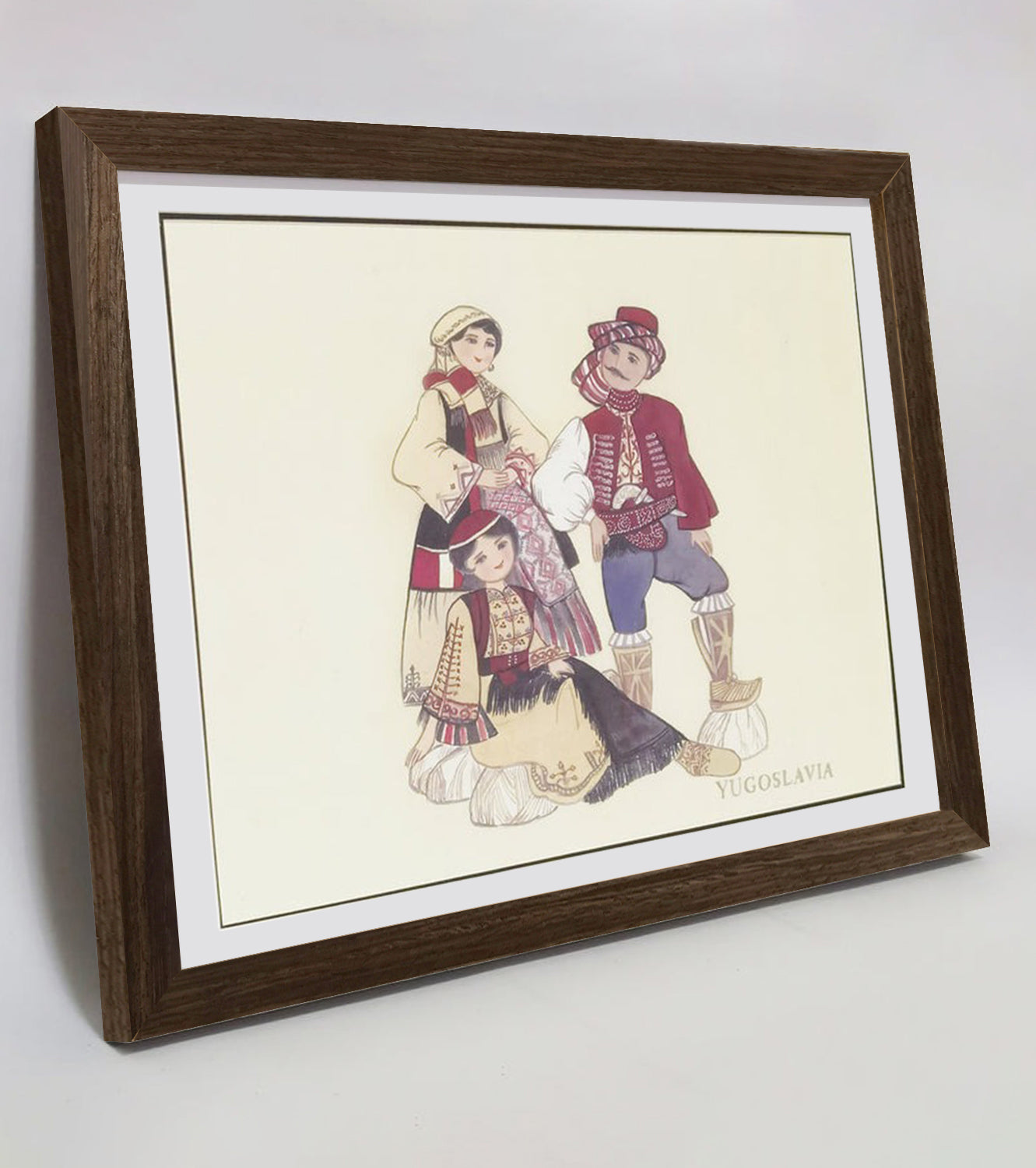 Yugoslavian Traditional Indigenous Family Life & Ethnic Costume Hand-painted Art Print - Premium MATT Paper, Natural Wood Frame, Multiple Sizes & Colors