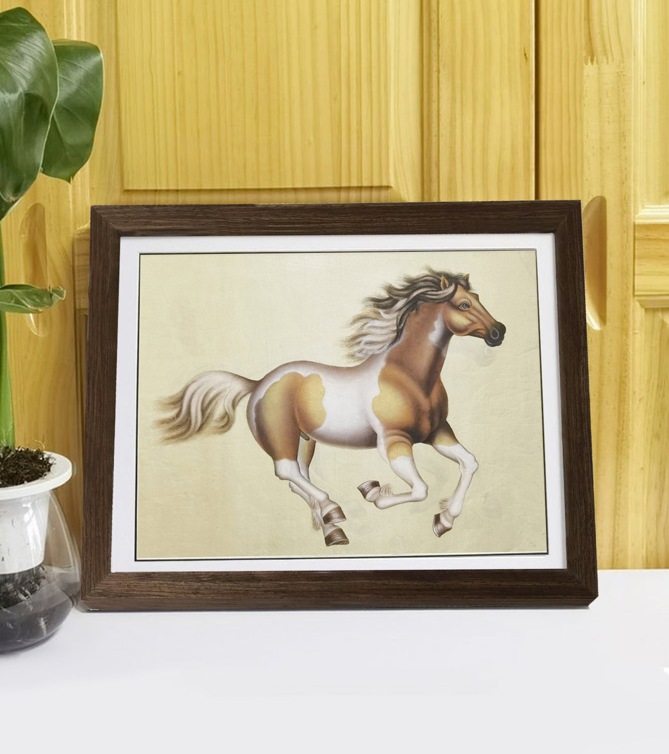 Hand-painted Ochre White Horse Artwork – Fine Brush Technique, Premium MATT Paper, Natural Wood Frame, Multiple Sizes & Colors