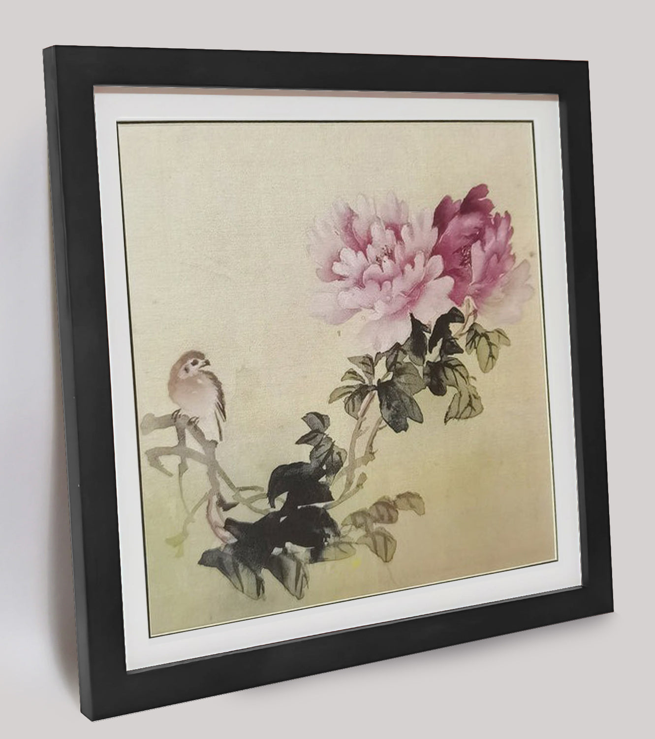 Hand-painted Peony & Bird Watercolor Artwork – Vibrant & Elegant, Premium MATT Paper, Natural Wood Frame, Multiple Sizes & Colors