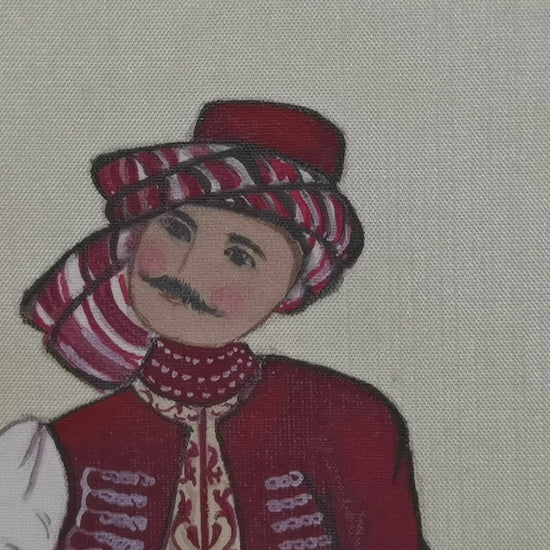 Yugoslavian Folk Costume Handmade Art Printing with Wood Frame