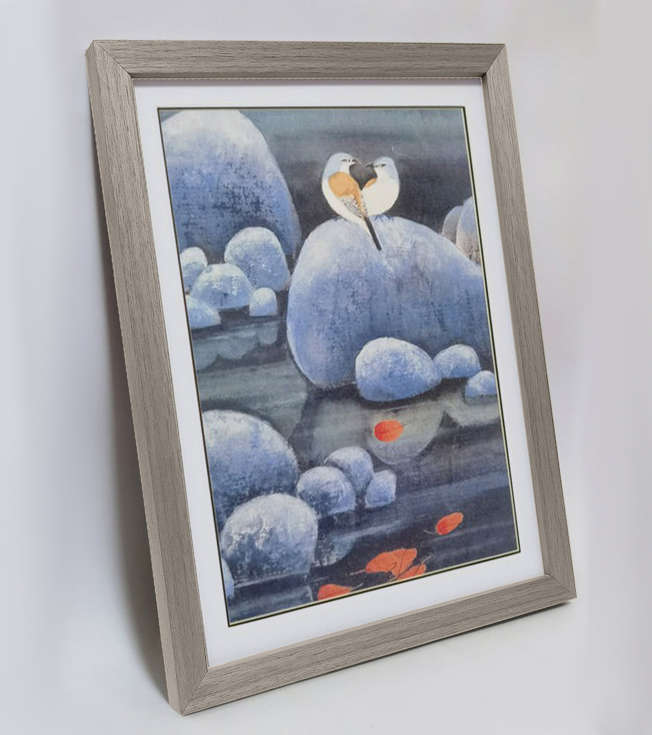 Hand-painted Shrikes on Pond Rocks with Red Maple Leaves – Watercolor Artwork, Premium MATT Paper, Natural Wood Frame, Custom Sizes & Colors