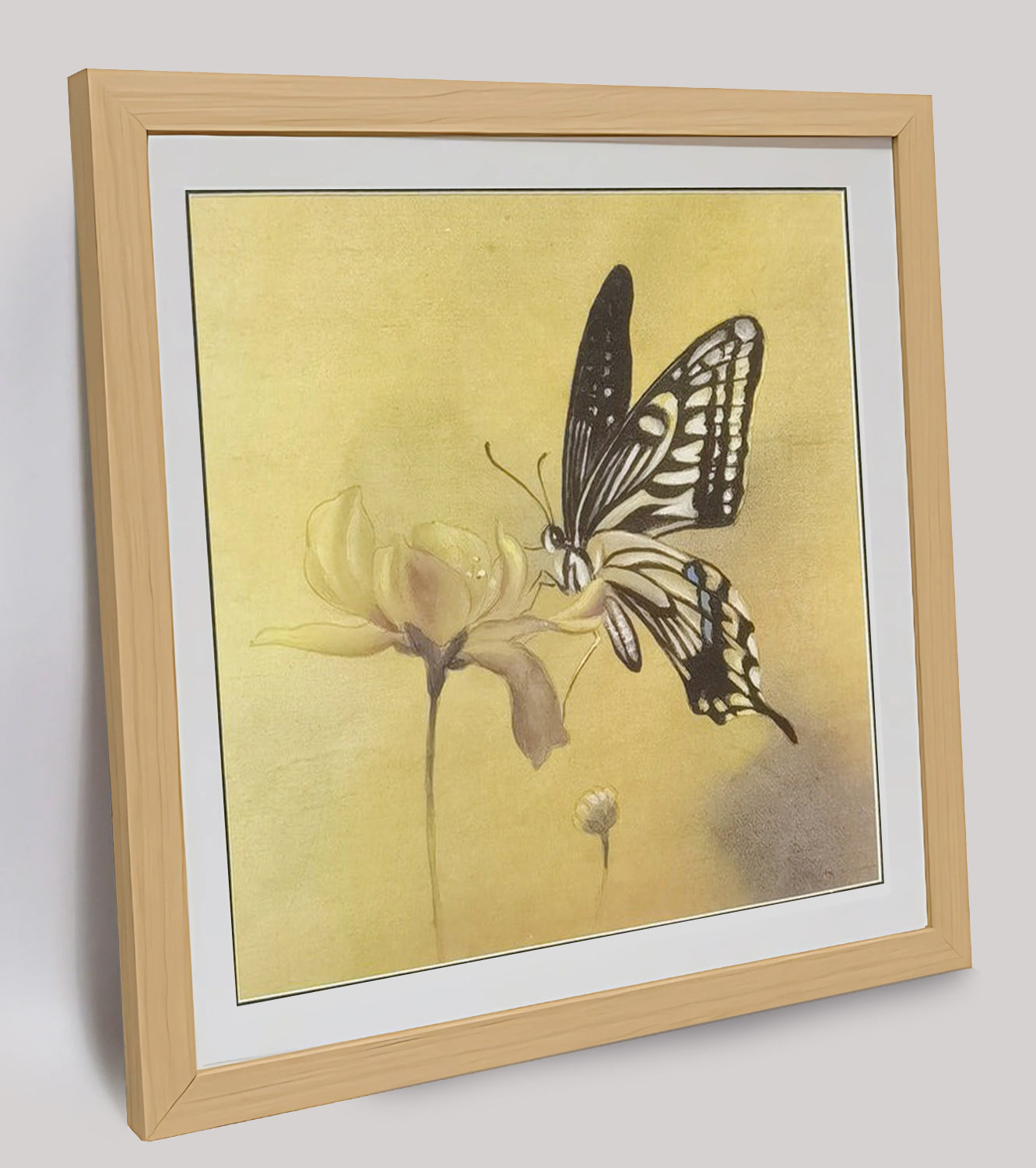 Hand-painted Butterfly on Flower Artwork – Fine Brush Technique, Premium MATT Paper, Natural Wood Frame, Multiple Sizes & Colors