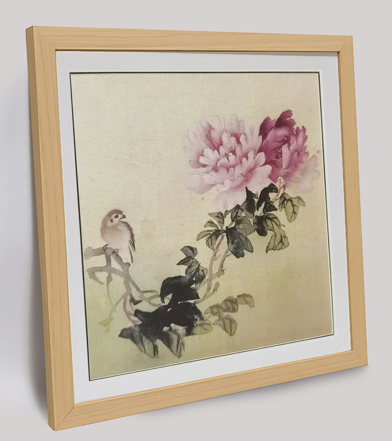 Hand-painted Peony & Bird Watercolor Artwork – Vibrant & Elegant, Premium MATT Paper, Natural Wood Frame, Multiple Sizes & Colors