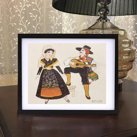 Spain Folk Costume Handmade Art Printing with Wood Frame