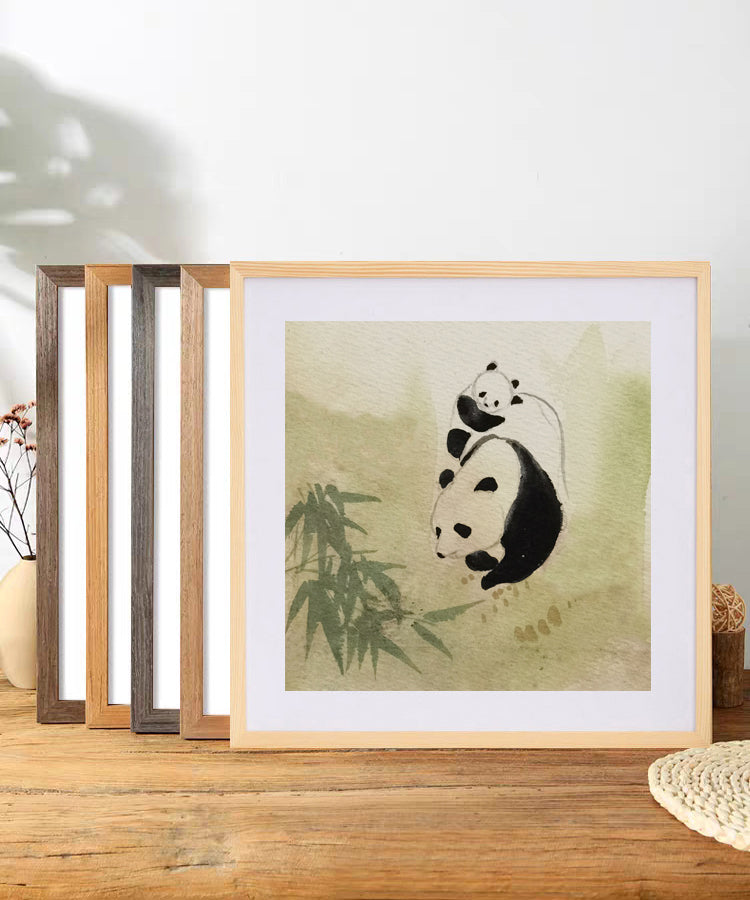 Panda Vividland Handmade Art Printing Mum&Baby Bamboo Playful Cute with Wood Frame