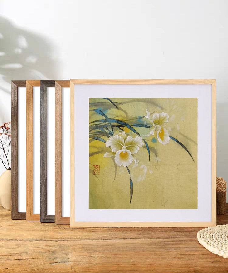 White Cymbidium Perception Handmade Art Printing Plants Flowers Beautiful Pure with Wood Frame