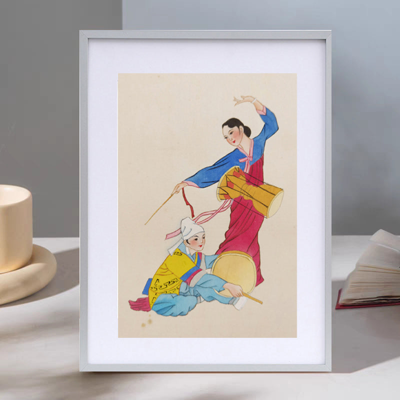 Korean Drumming Living Dancer Perception Handmade Art Printing Characters Instruments Ethnicdances with Wood Frame