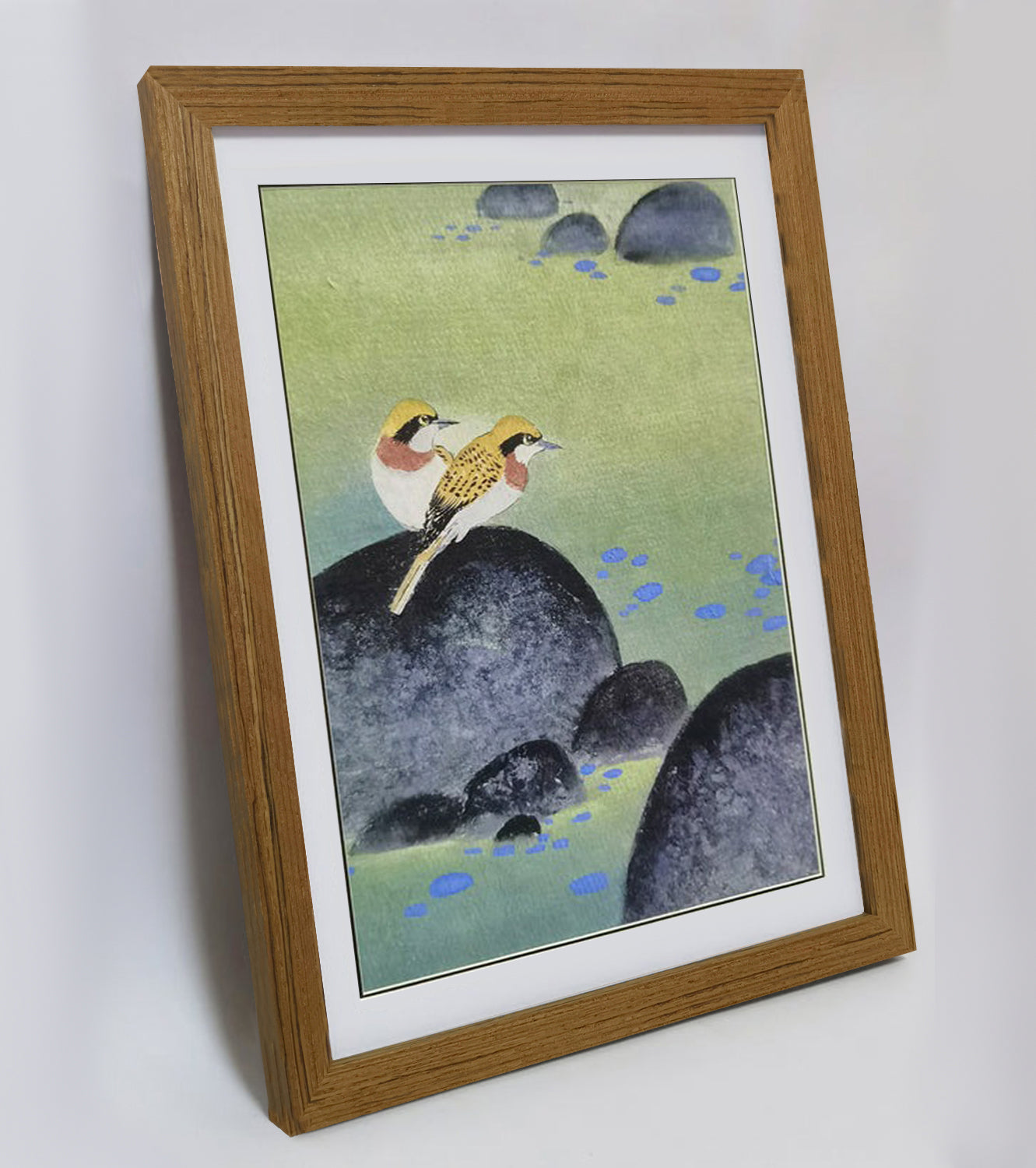 Hand-painted Yellow Warblers on Pond Rocks Artwork – Watercolor Technique, Premium MATT Paper, Natural Wood Frame, Multiple Sizes & Colors