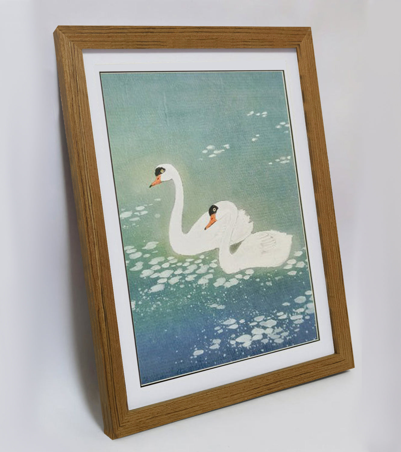 Hand-painted Pair of Swans on Blue Pond Artwork – Watercolor Technique, Premium MATT Paper, Natural Wood Frame, Multiple Sizes & Colors