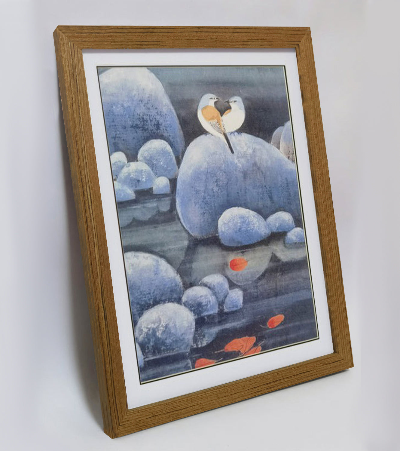 Hand-painted Shrikes on Pond Rocks with Red Maple Leaves – Watercolor Artwork, Premium MATT Paper, Natural Wood Frame, Custom Sizes & Colors