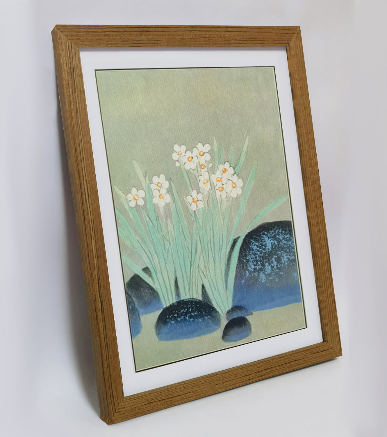Hand-painted Narcissus Flowers Blooming in Pond Artwork – Watercolor Technique, Premium MATT Paper, Natural Wood Frame, Multiple Sizes & Colors