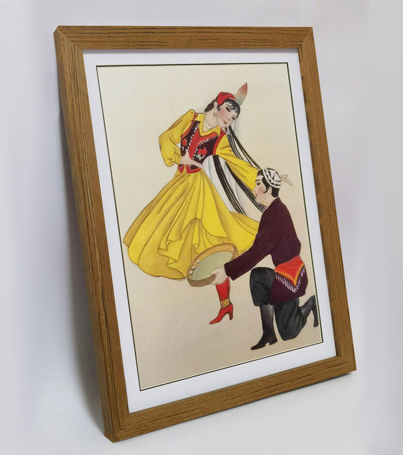 Hand-painted Uyghur Dancers Artwork – Fine Brush Technique, Premium MATT Paper, Natural Wood Frame, Multiple Sizes & Colors