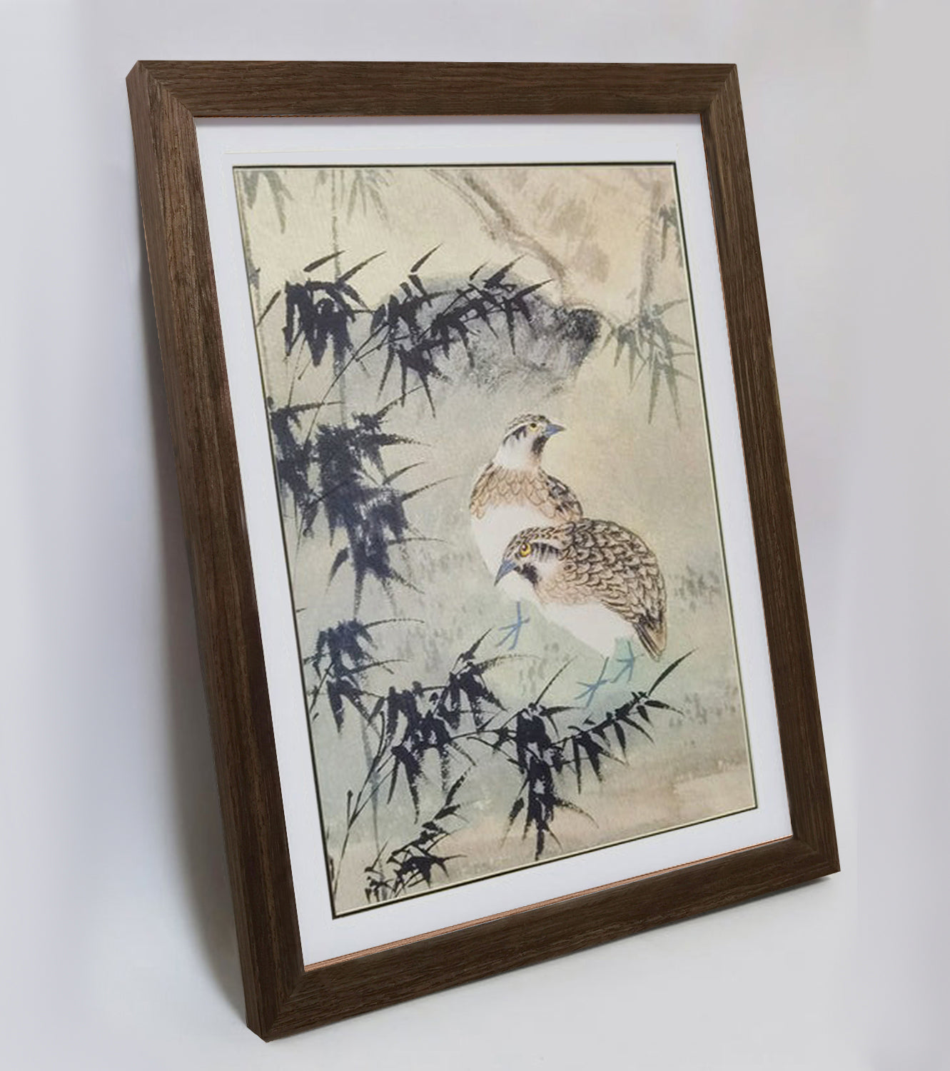 Hand-painted Quails in Bamboo Forest Artwork – Watercolor Technique, Premium MATT Paper, Natural Wood Frame, Multiple Sizes & Colors