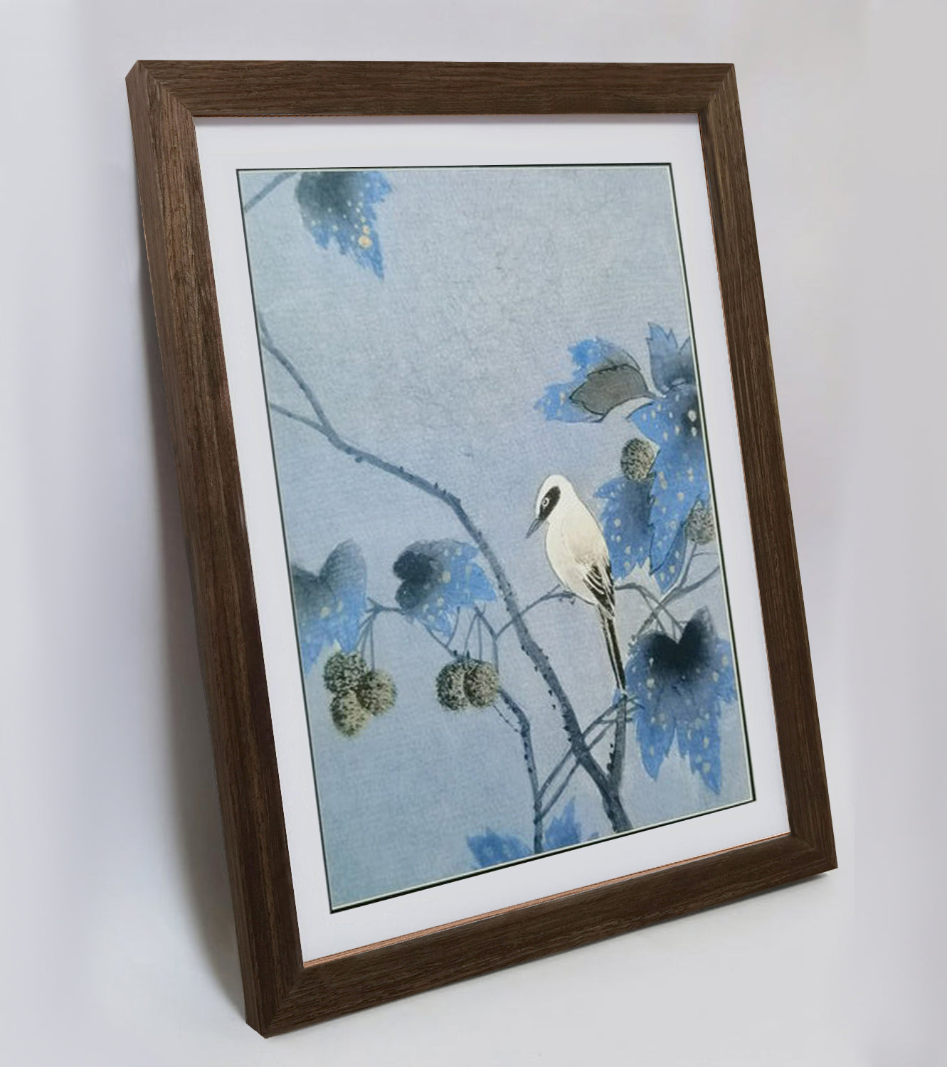 Hand-painted Nightingale on Paulownia Tree Branch Artwork – Watercolor Technique, Premium MATT Paper, Natural Wood Frame, Multiple Sizes & Colors