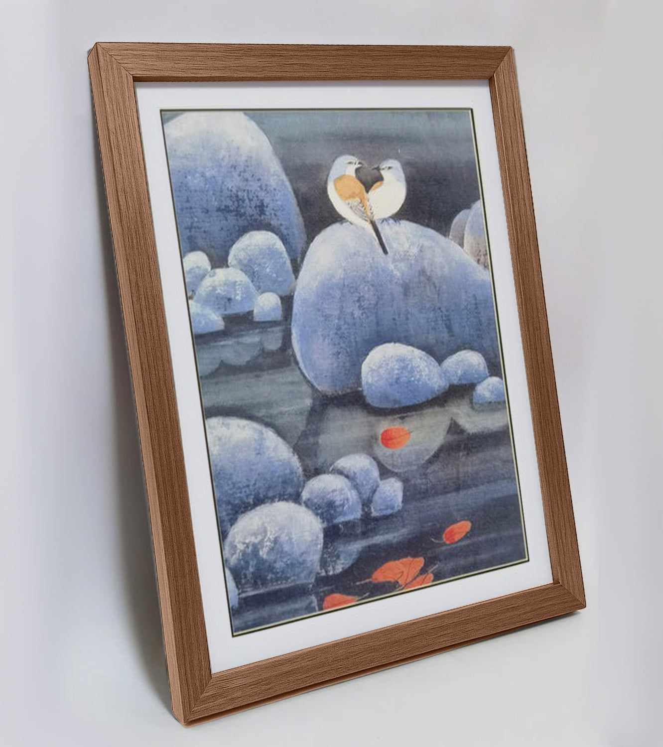 Hand-painted Shrikes on Pond Rocks with Red Maple Leaves – Watercolor Artwork, Premium MATT Paper, Natural Wood Frame, Custom Sizes & Colors