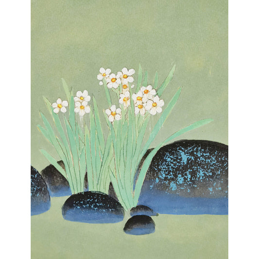 Hand-painted Narcissus Flowers Blooming in Pond Artwork – Watercolor Technique, Premium MATT Paper, Natural Wood Frame, Multiple Sizes & Colors