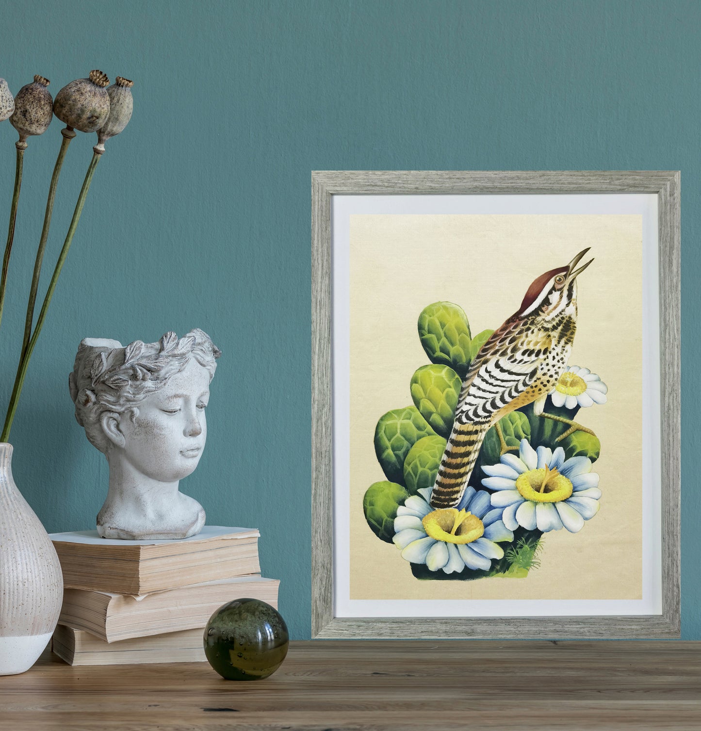 Cactus Wren Arizona State Bird Handmade Painting Art Solid Wood Framed Poster Picture Print Artwork