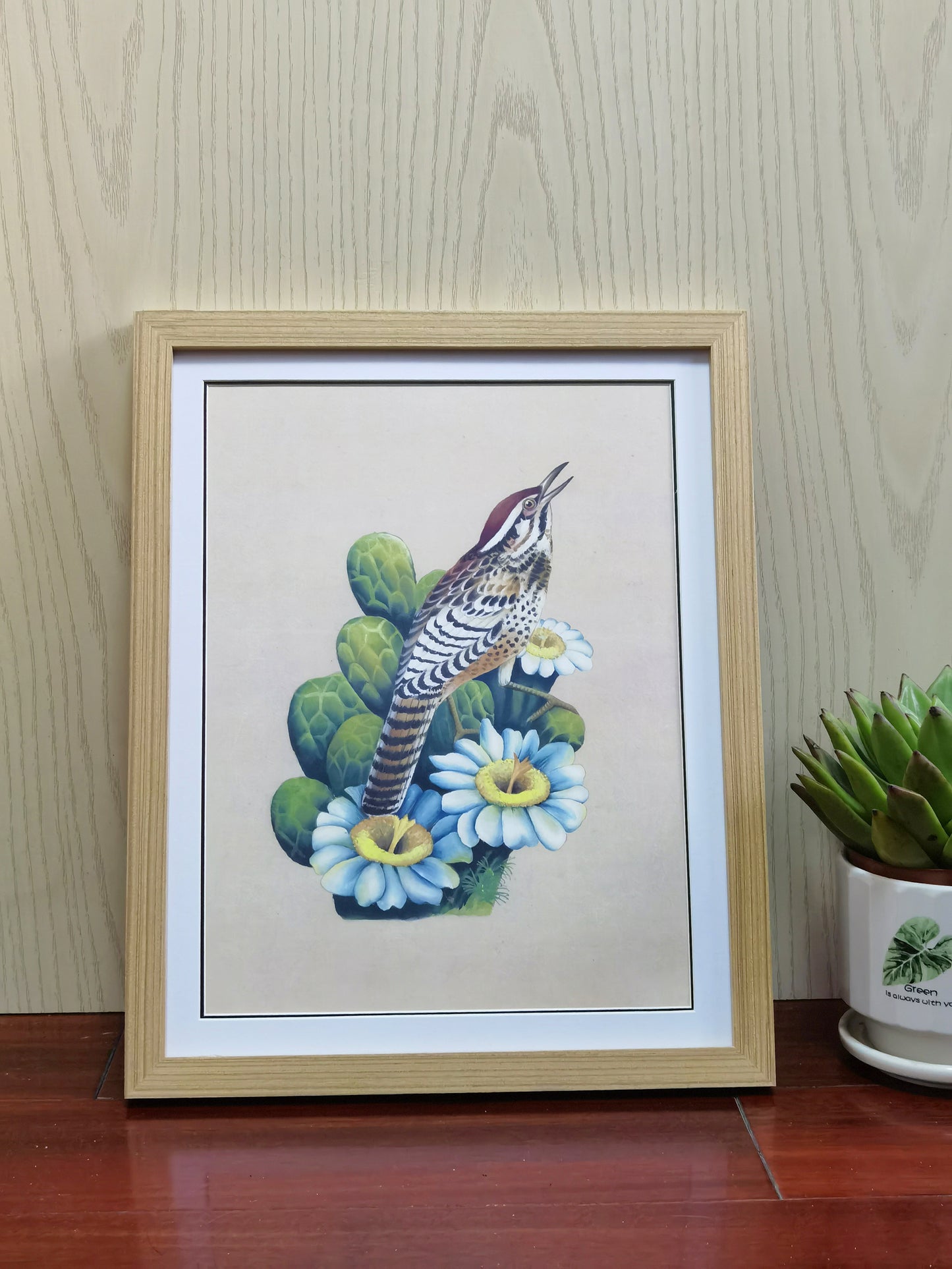 Póster enmarcado con imagen impresa, pintura hecha a mano, pájaro del estado de Arizona, cactus wren - Envío gratuito